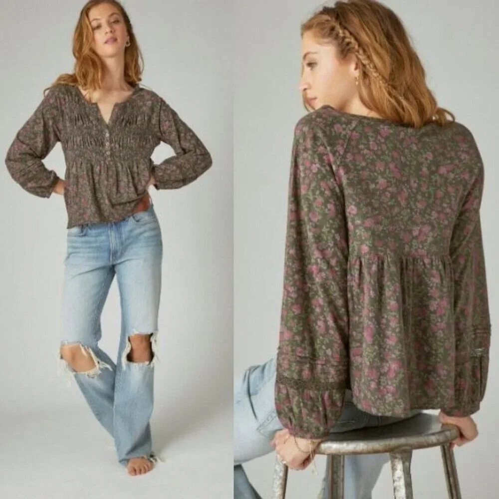 LUCKY BRAND Babydoll Top Sz L Black Pink Floral Textured Smock VNeck 100% Cotton - Picture 5 of 14